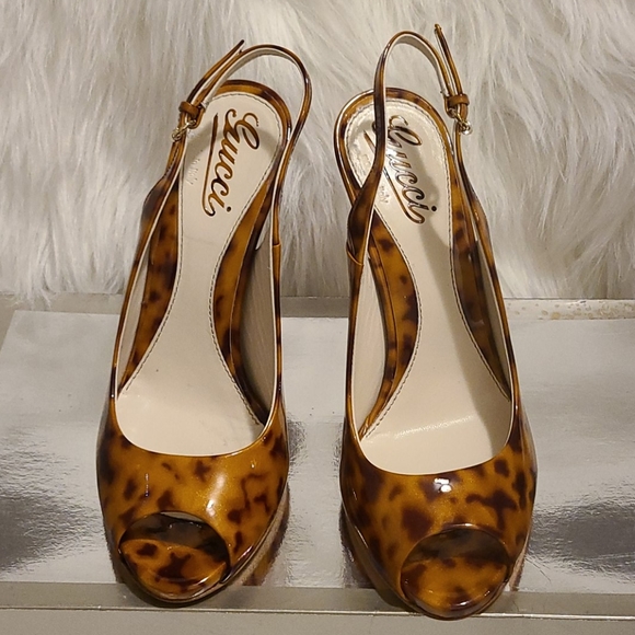 Gucci Shoes - Patent Leather Animal Print Slingback Sandals